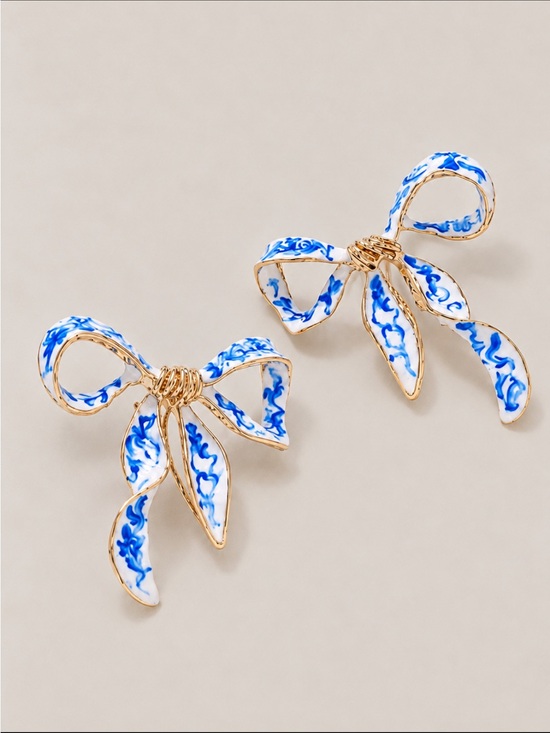 Jewelry - New! Blue Oil Drip Gold Bow Statement Earrings NWOT